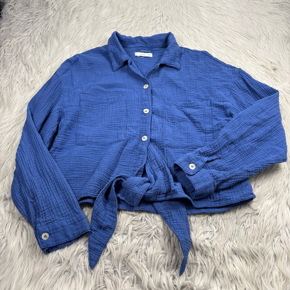 MNG Mango Women's 10 M Blue Gauze Cotton Tie Hem Button Front Top Resort Coastal